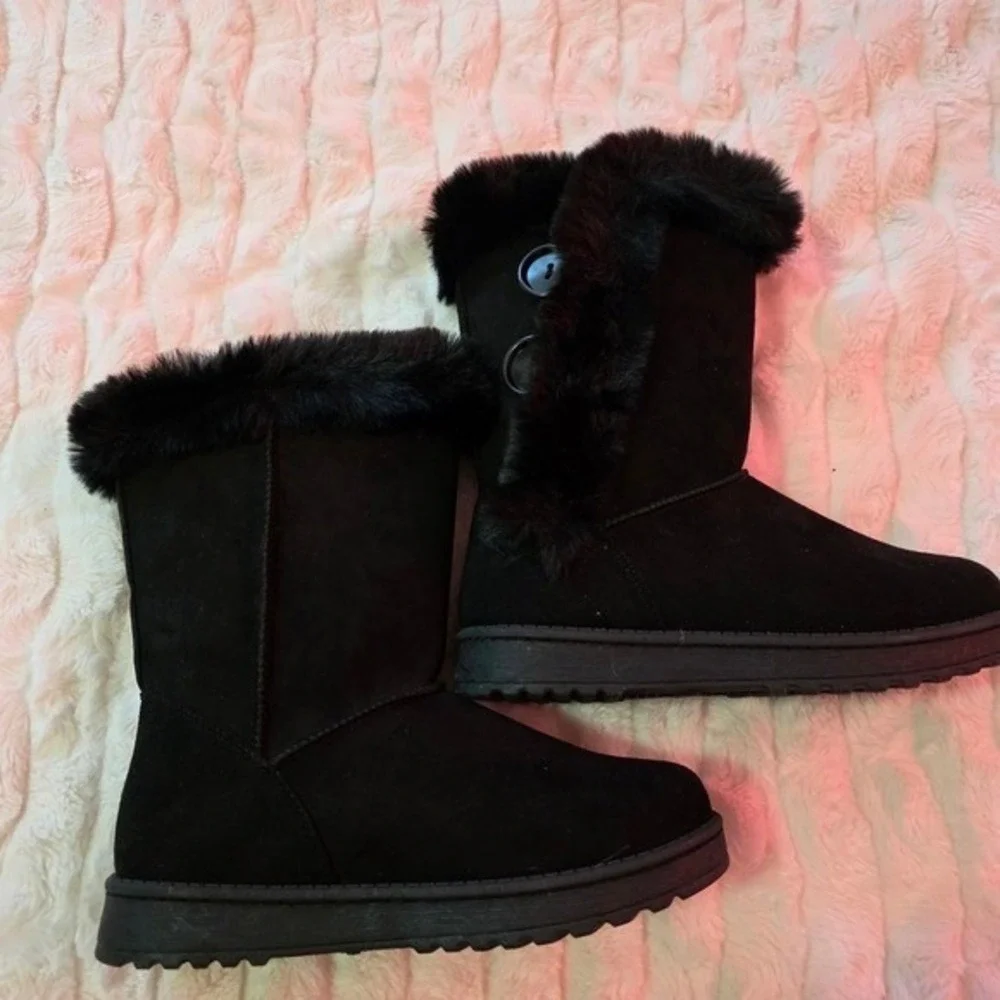 Black Faux Suede Mid-Calf Winter Boots with Faux Fur Trim and Button Detail Cozy